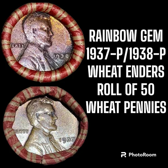 1937/1938 Gem Rainbow Toned Wheat Enders on Sealed Roll of 50 Wheat Pennies - Picture 2 of 7